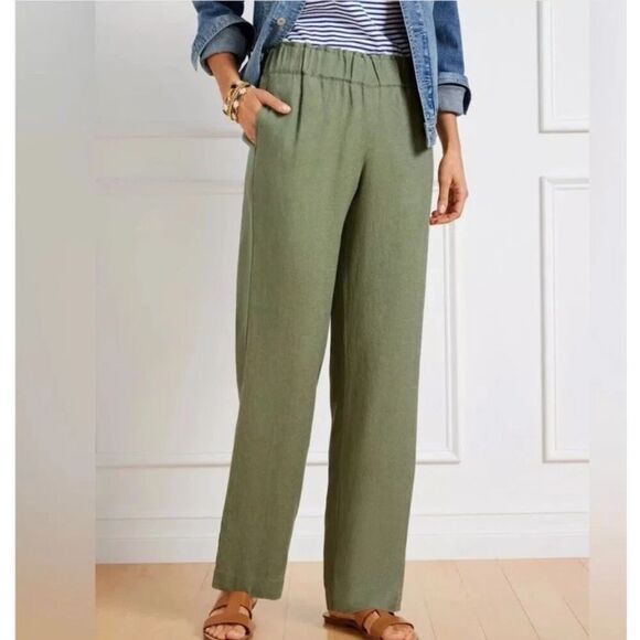 NWT Talbots Nantucket Olive Green 100% Linen Pull On Wide Leg Pants size XL - Picture 1 of 8